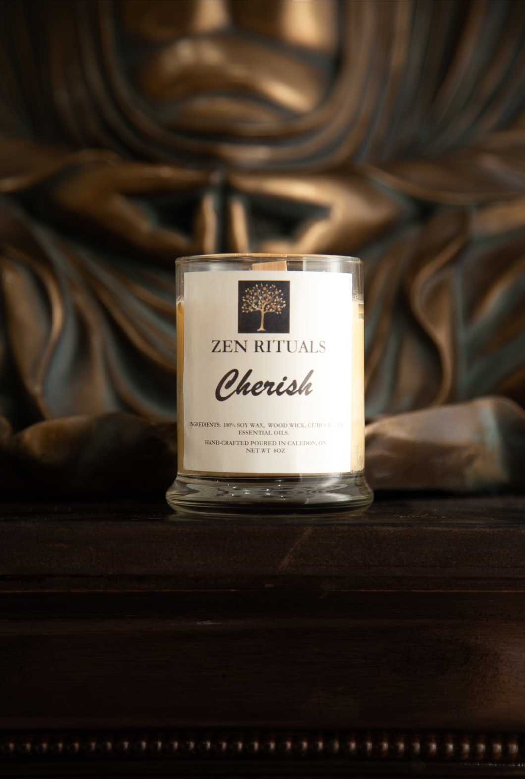 CHERISH Candle is 100% Soy Wax  with a wooden wick, which crackles like a warm inviting fireplace.  The glass vessel  is thick and holds 8oz of the highest grade essential oils of Bergamot, Sweet Oranges & Ylang Ylang  blend. Designed for the ultimate candle lovers appreciation . 